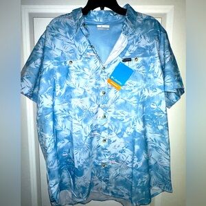 Columbia Blue Button Down Shirt with Tropical Design
